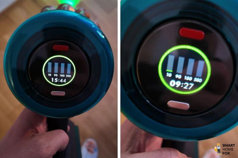 Das Display des Dyson V16 zeigt die verbleibende Akkulaufzeit im Auto-Modus an.